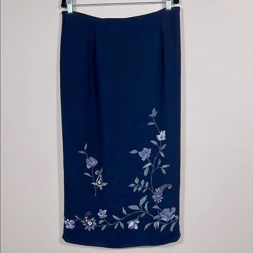 Alfred Dunner Vintage Navy Blue Floral Print Stretch Maxi Skirt Women Size 14